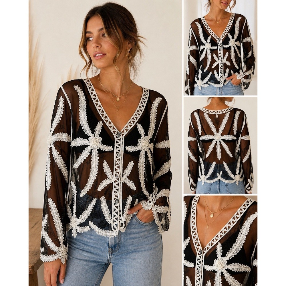 STUNNING JAGUAR JACKET/BLOUSE SHEER W/EMBROIDERED SOUTACHE 3D FAUNA & FLORALS M